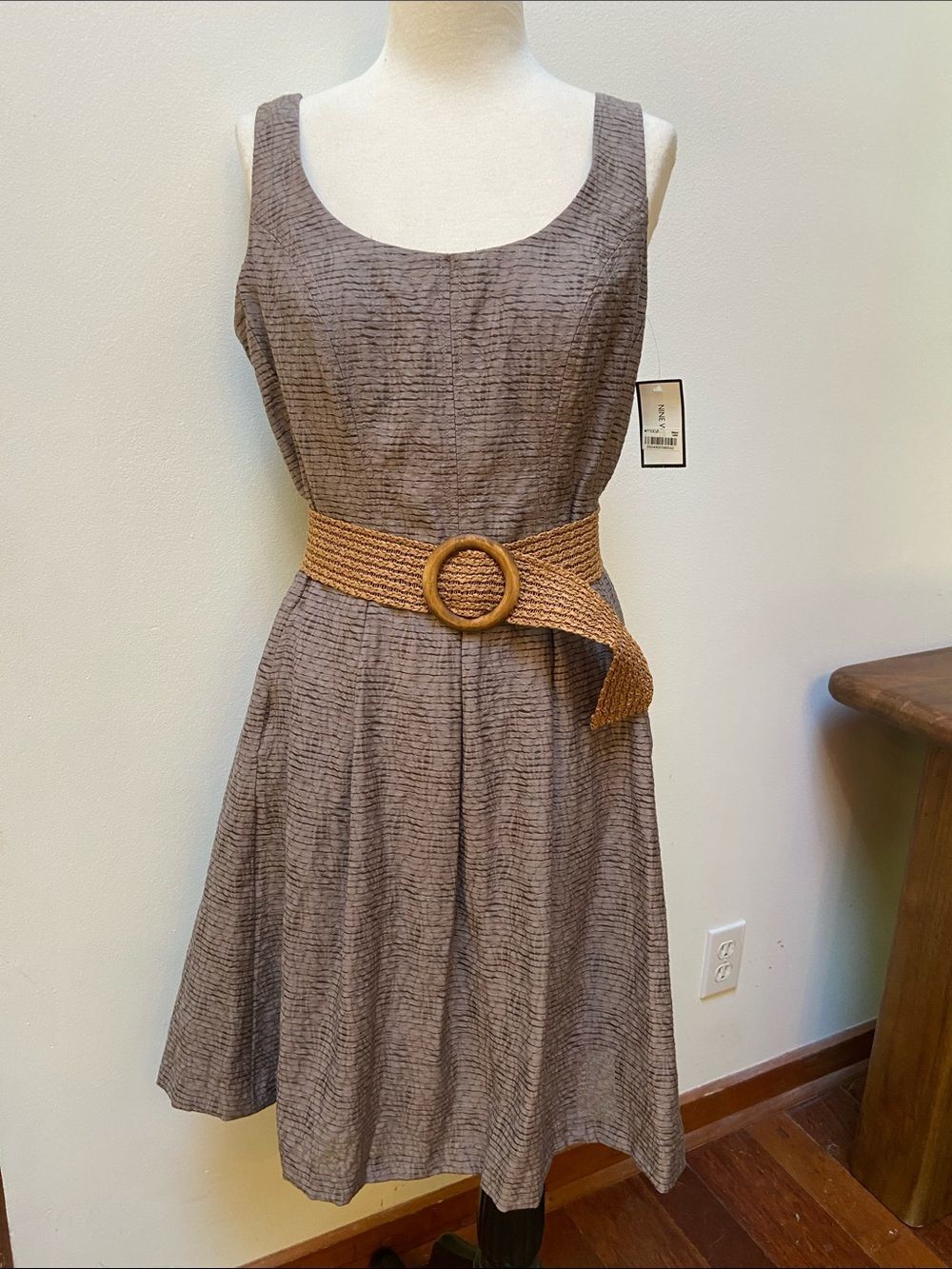 NWT Nine West Fit & Flare Sleeveless Textured A-Line Dress with Woven Belt